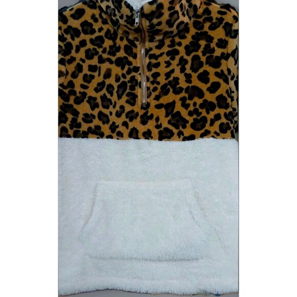 C+D+M Sherpa Fleece Pullover Womens M Leopard Cream 1/4 Zip Soft Cozy Top - Picture 4 of 8